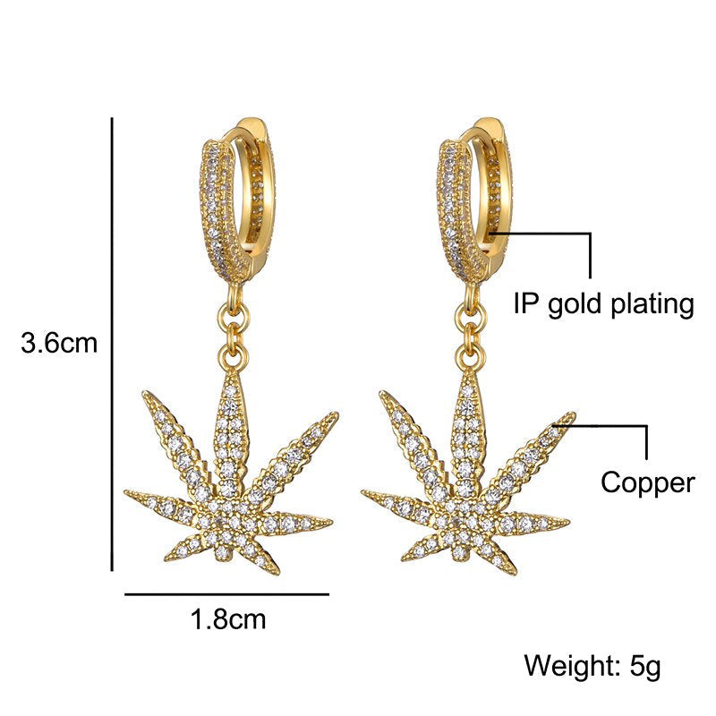1Pair Iced Zircon Pot Leaf CZ Stone Earrings for Men Women Jewelry
