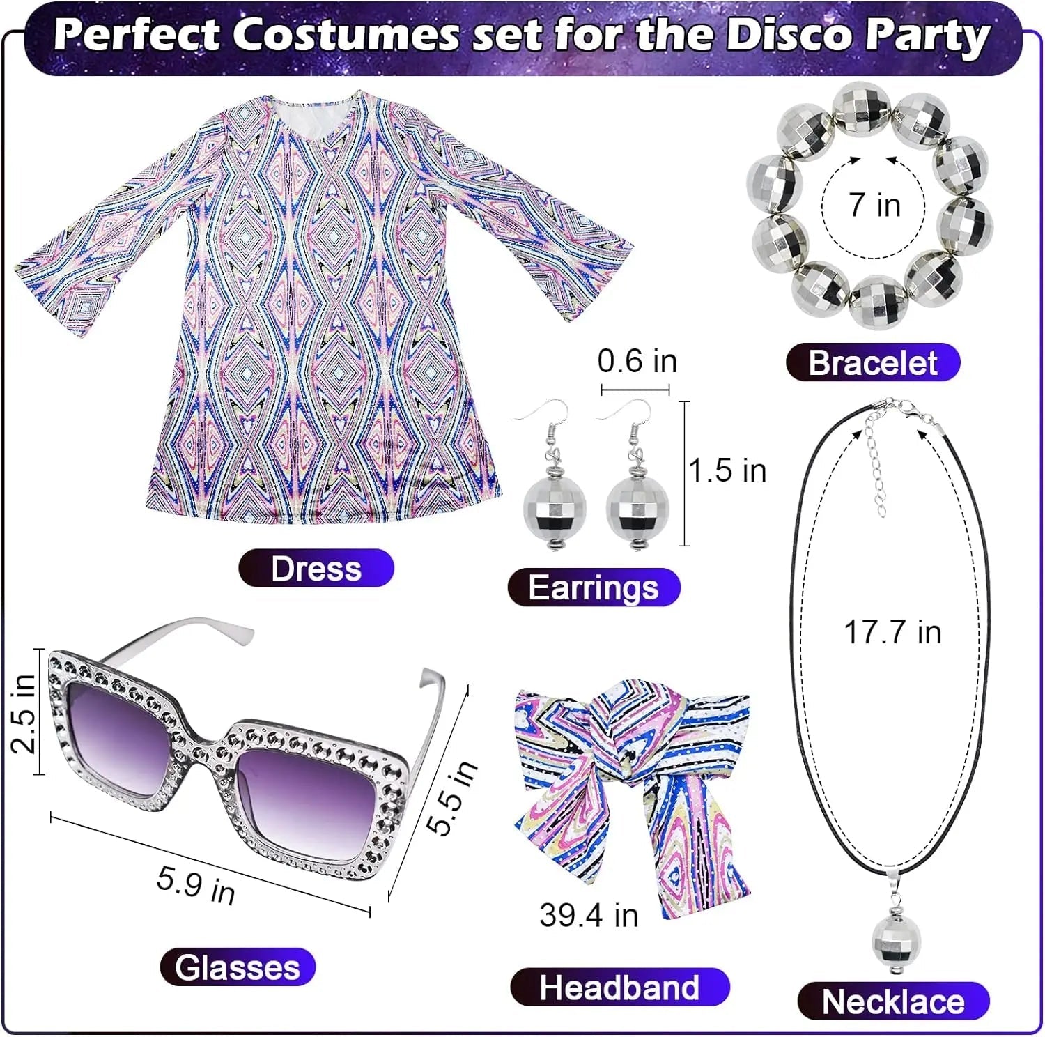 70S Women Disco Dress Hippie Costumes Necklace Earrings Glasses, 60'S 70'S Birthday Outfits, 1970S Prom Bling Dress