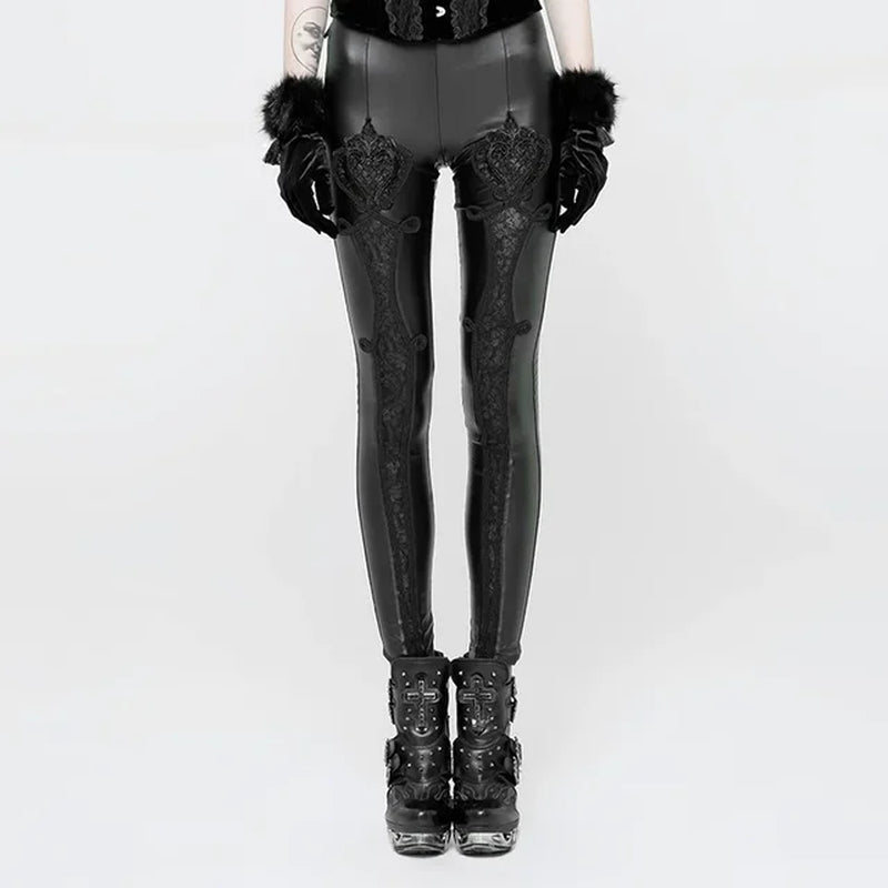 Gothic Leather Leggings embossed Mesh Lace Red or Black inlay Embroidery Sexy Women Pants 