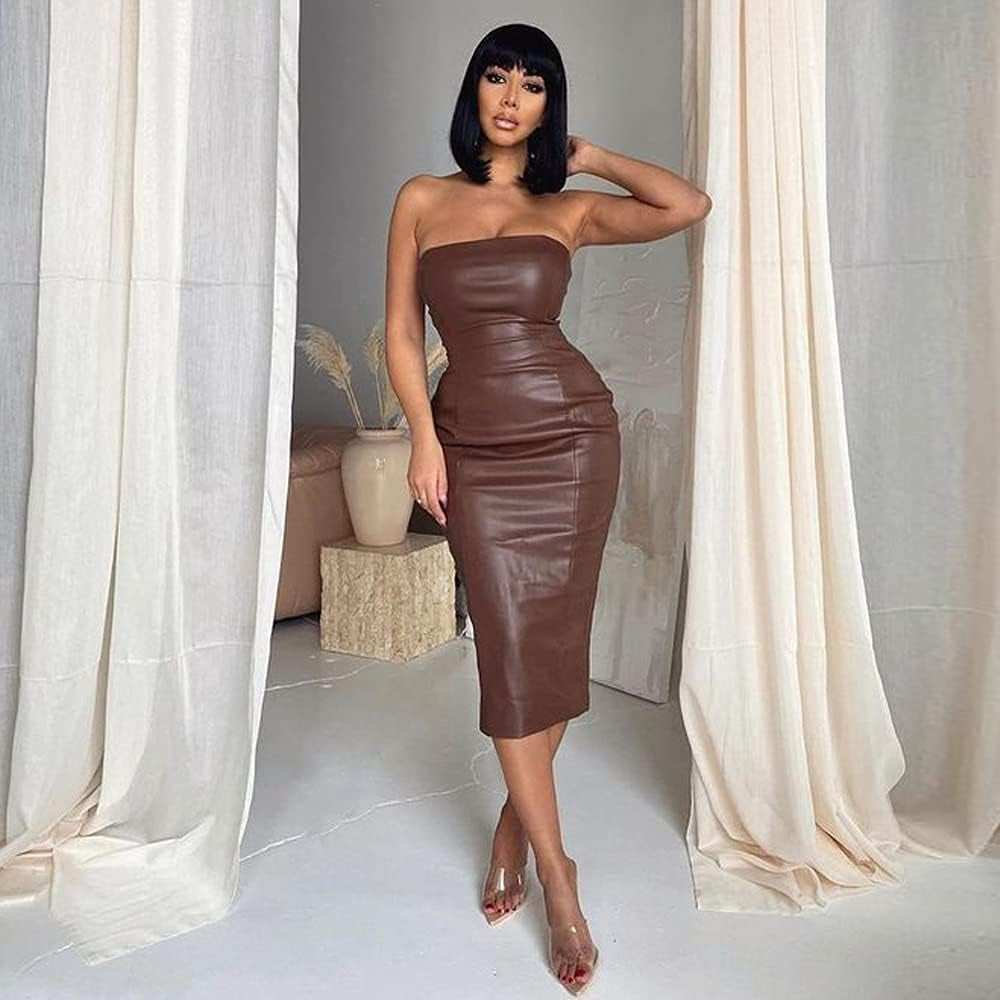 Strapless Tube Top Dress off Shoulder  Faux Leather Dress