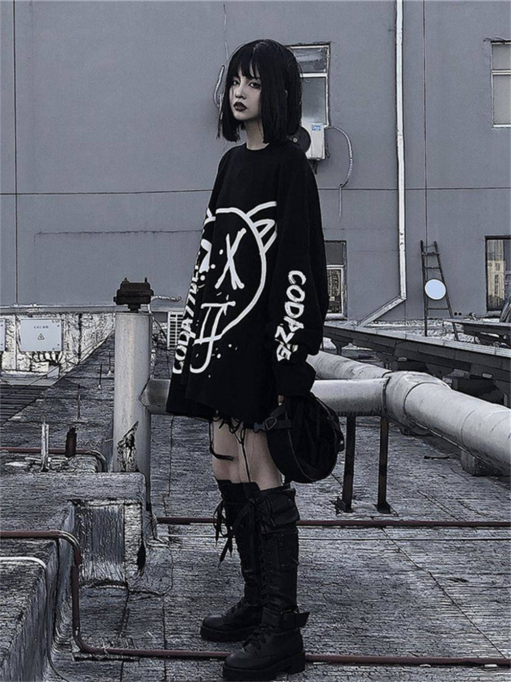 Harajuku Women Alt Emo Tshirts Oversized Long Sleeve E Girl Pullovers Hip Hop Punk Streetwear Tees Black Loose T-Shirt Clothes