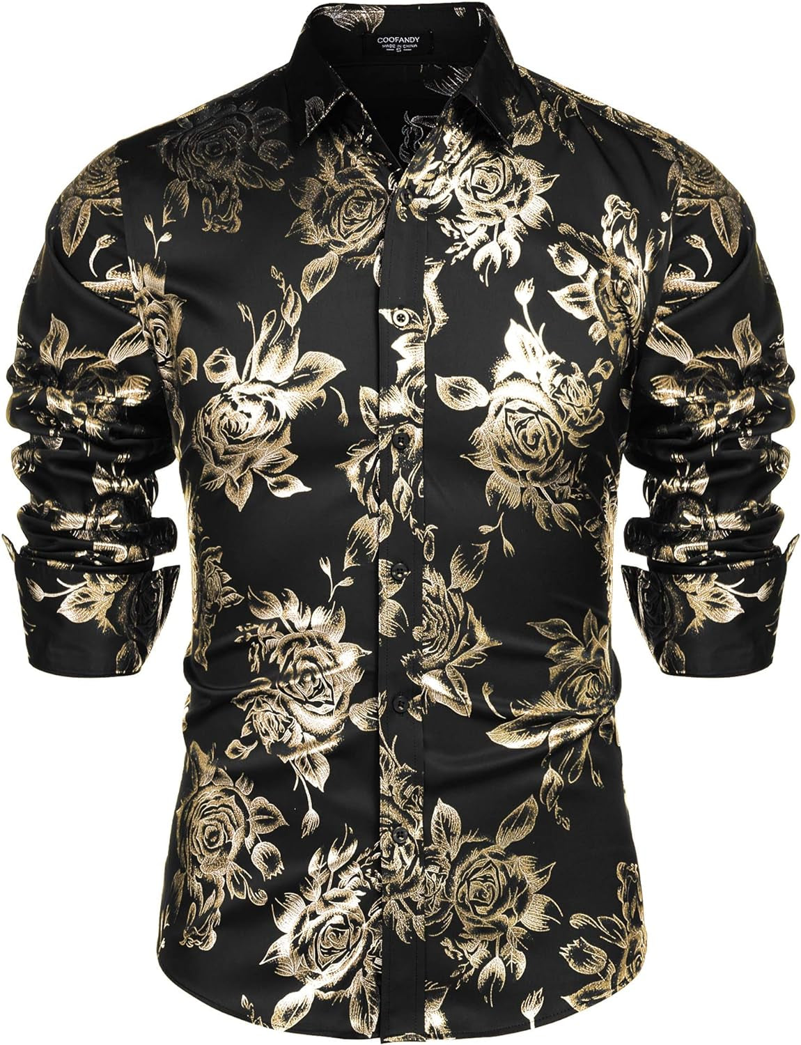 Men's Rose Shiny Shirt Luxury Flowered Printed Button down Shirt