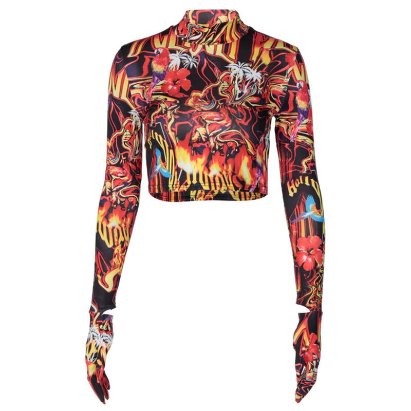 Y2K Long Sleeve Gloves T Shirt Egirl Anime Fire Flame Pattern Printed Crop Top Turtleneck 