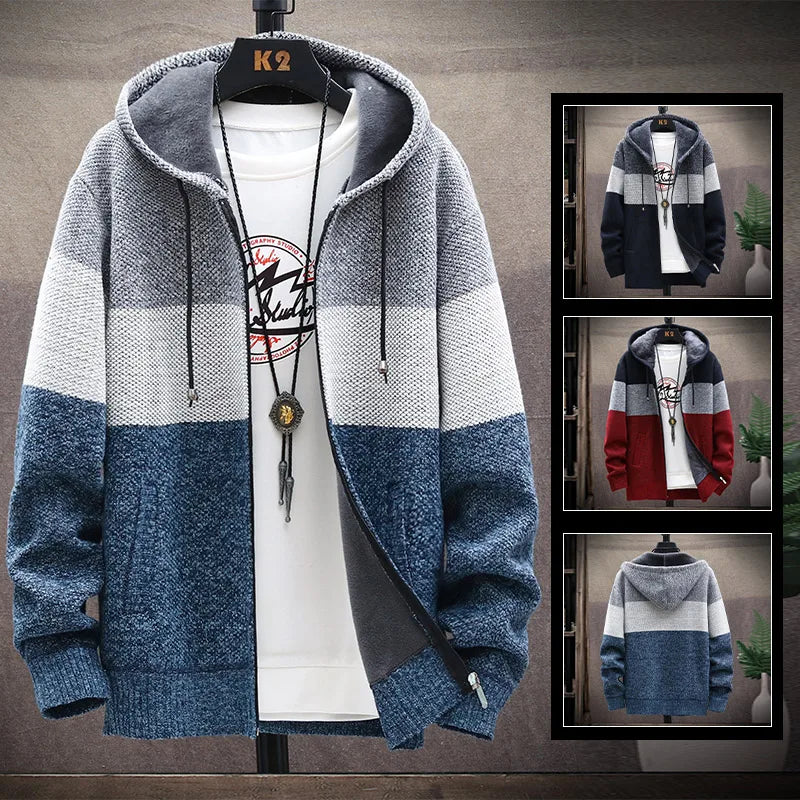 Men'S Hooded Jumper Cold Sweater Winter Fleece Jackets Cardigan Wool Autumn Warm Zip up Jacket Male Clothing Japan Knitwear Coat