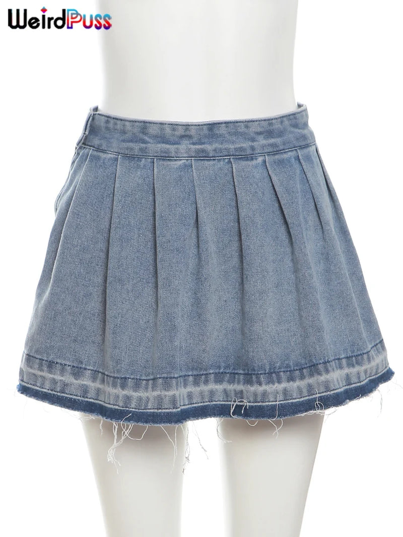 Pleated Denim Skirts Women Vintage Streetwear Casual