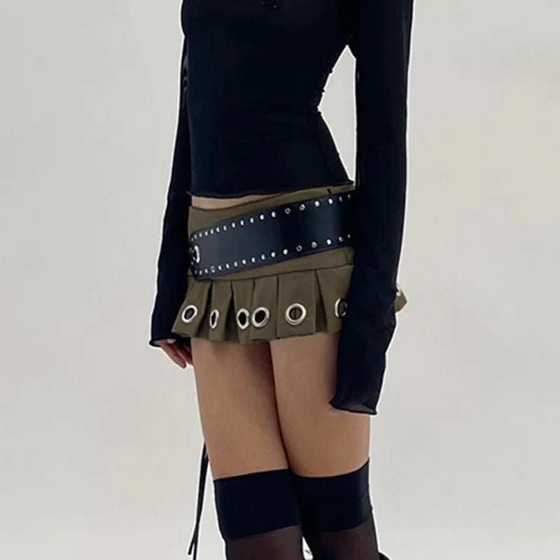 Punk Style Low Rise Mini Skirt with Leather Belt Hot Sexy Super Short Pleated Skirts Women Harajuku Clubwear Outfits Y2K