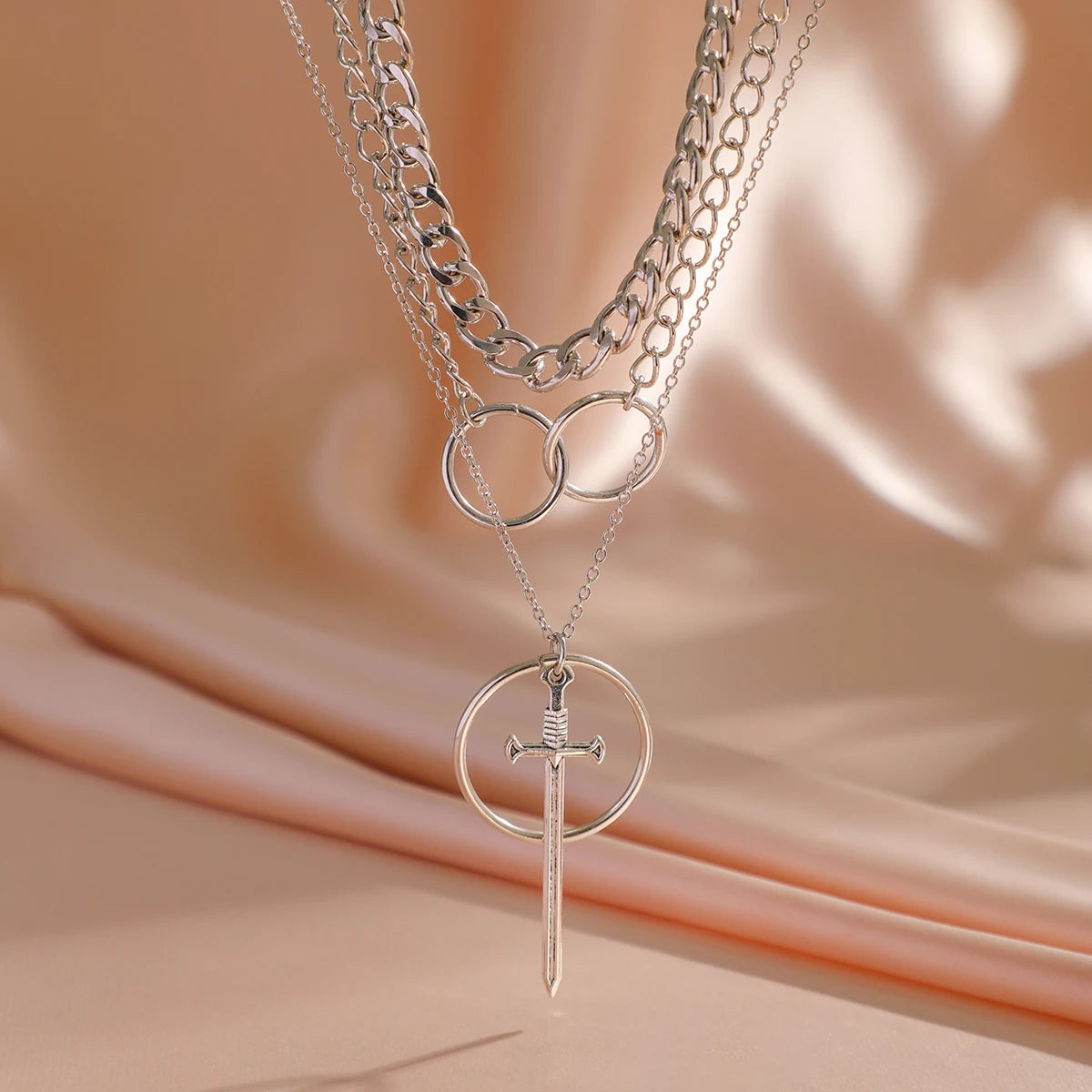 Layered Thick Chain with Big Circle and Sword Pendants Necklace 