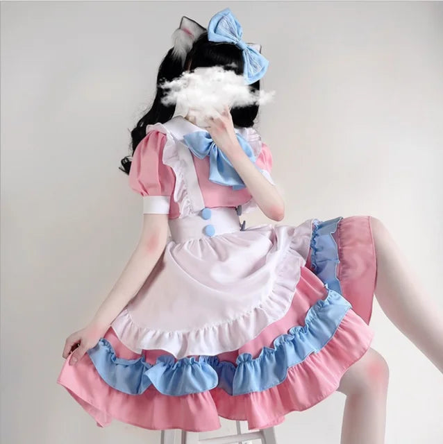 Kawaii Lolita Anime Maid Outfit Pink + Blue Cosplay Maid Outfit Lolita Skirt Costume Cute Japanese Cosplay Costume Anime Outfit