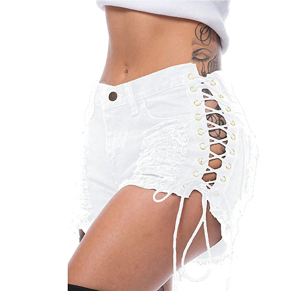 Spring and Summer with Holes on the Side and Chicken Eye Bandages, Elastic Women'S Hot Pants, Denim Shorts, and Women'S Clothing