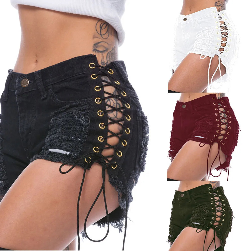 Spring and Summer with Holes on the Side and Chicken Eye Bandages, Elastic Women'S Hot Pants, Denim Shorts, and Women'S Clothing