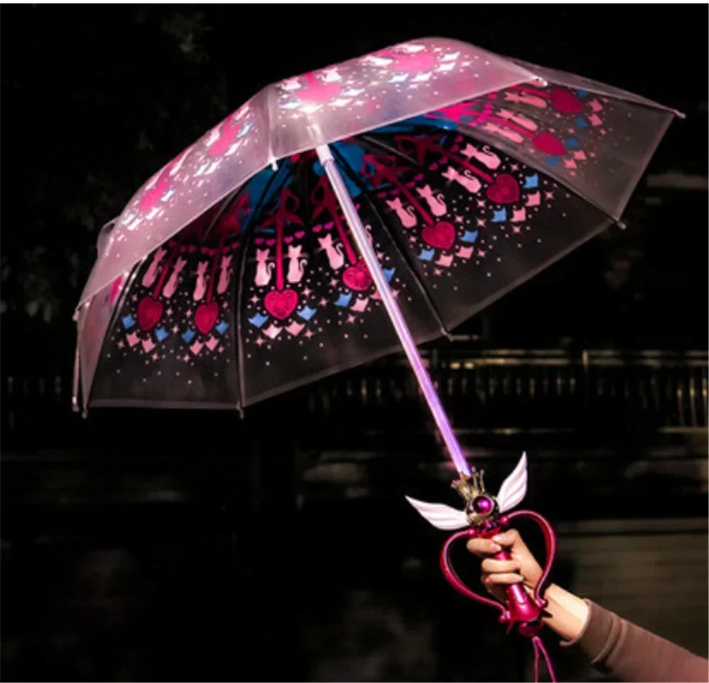 Transparent Sailormoon Luminous Umbrella Paraguas for Women Girls Kids Gift Sailor Moon Magic Stick Umbrella Rain Gear