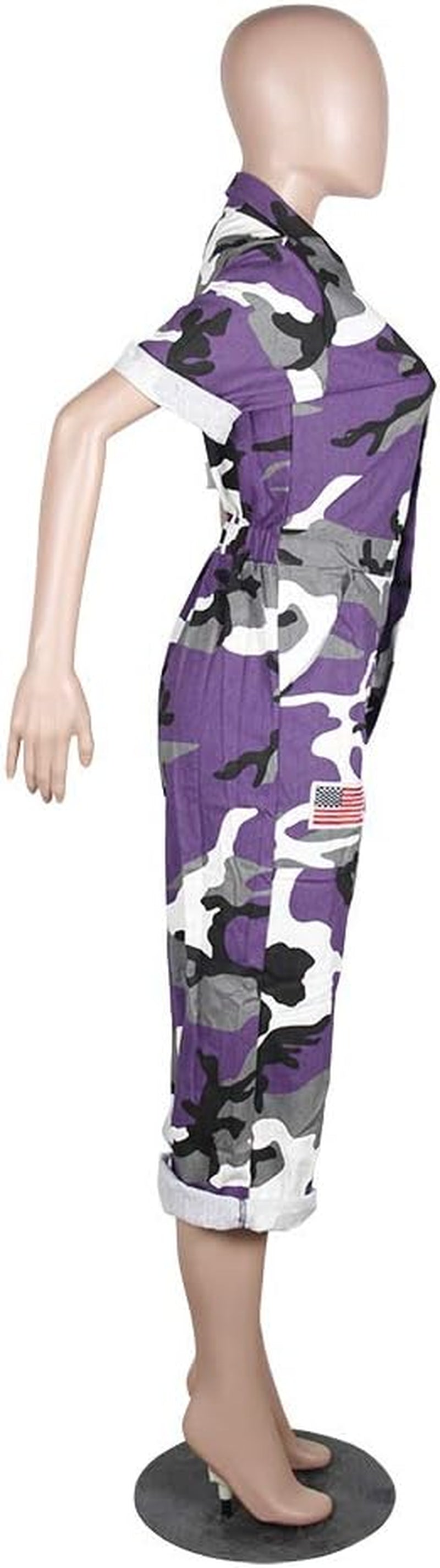 Women's V Neck Camo Print Short Sleeve Drawstring Side Pockets Rompers Jumpsuits 