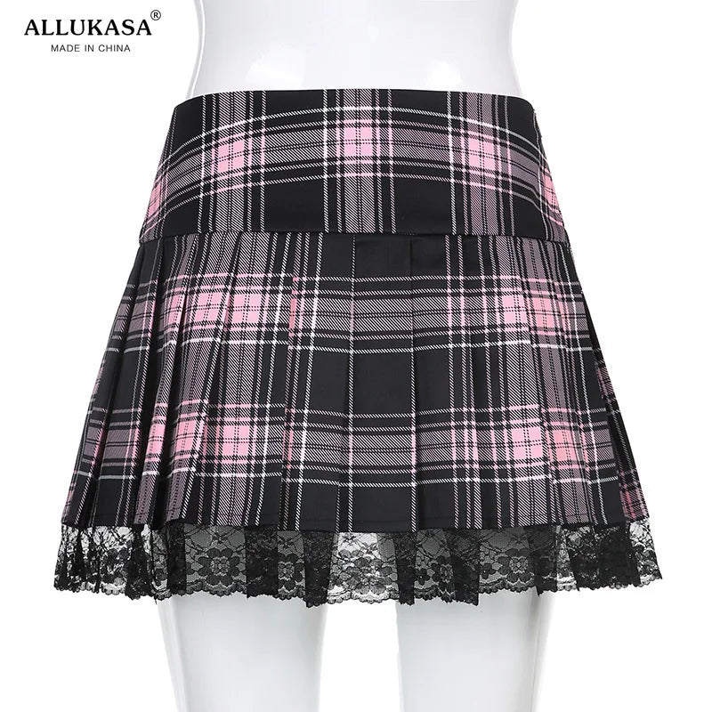 Lace up Goth Y2K Woman Skirts Pink Stripe Plaid Lace Trim Pleated School Skirt Punk Dark Academia Aesthetic E Girl Clothes