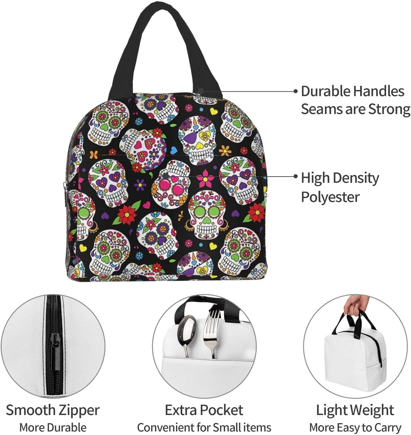 Sugar Skull  Day of the Dead  Insulated Lunch Bag Cooler Tote Box with Strap and Pocket