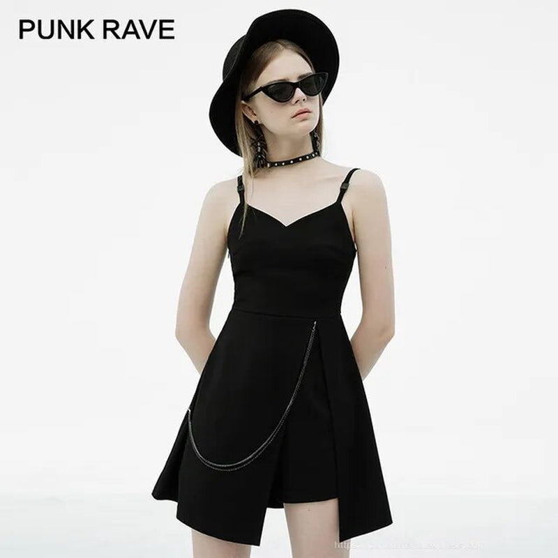 Women 2 Piece Suit A-LINE D V Neck Thin Strap Removable Shorts Black Dress